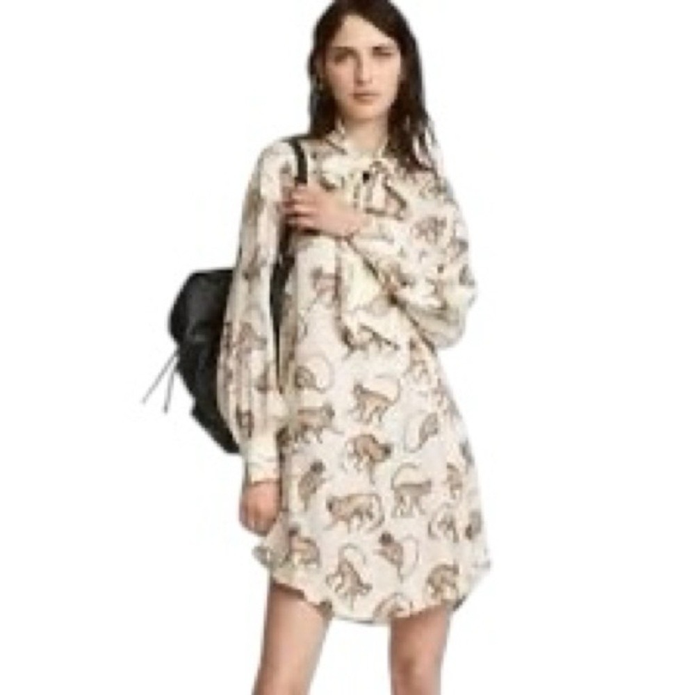 H&M Monkey Print Tie Neck Shift Dress Size 2 Cream Jacquard Rare Discontinued - Picture 6 of 16